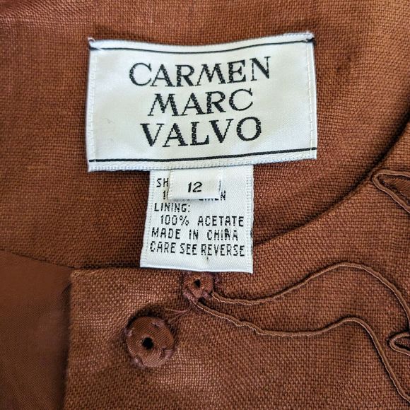 Carmen Marc Valvo Brown Linen Women's 12 Embroidered Snap Front Jacket - Picture 7 of 10